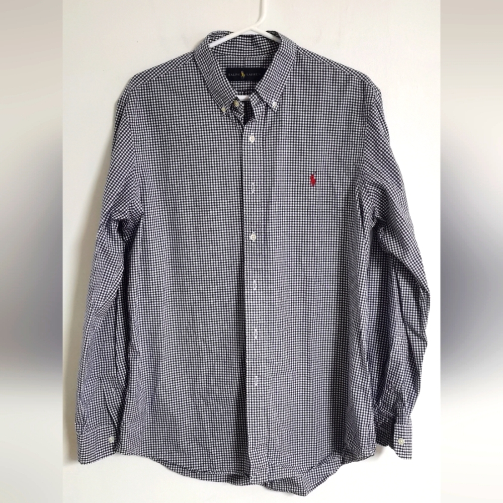 Ralph Lauren Men's Button Down Blue White Plaid Long Sleeve Shirt L